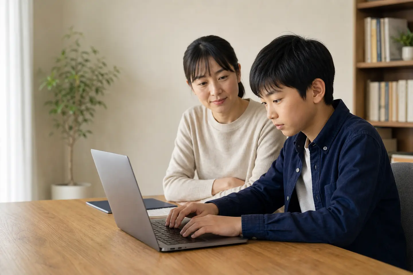 保護者が見守る中、パソコンで学習する子どものイメージ